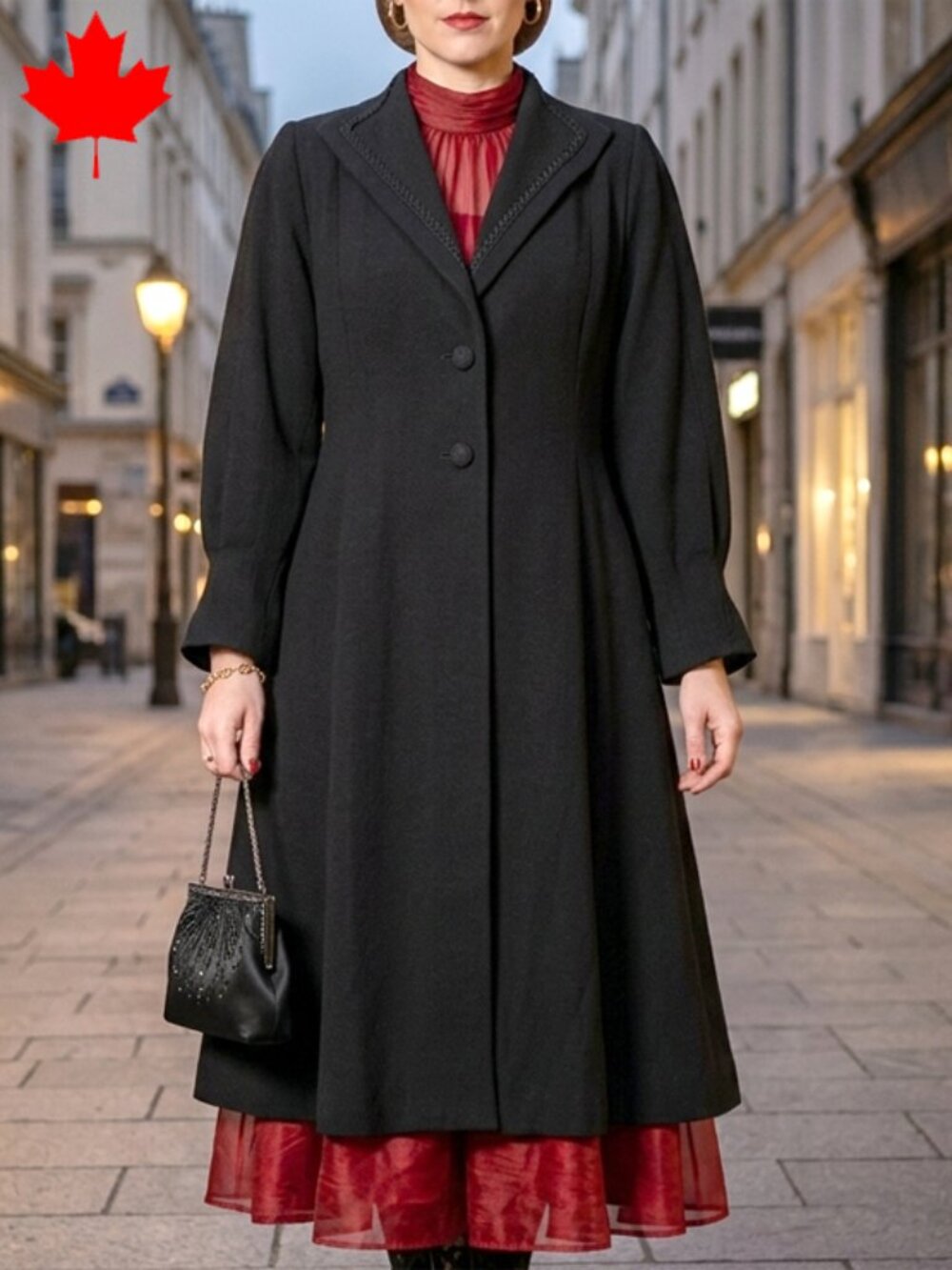 RARE c. 1940 black Saltaire swing coat w/ ribbon detail